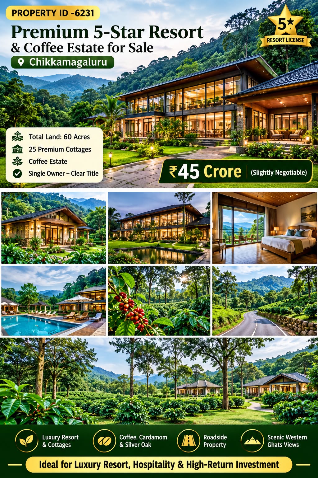 🆔 *PROPERTY ID -6231* 🌿🏡 *Premium 5-Star Resort & Coffee Estate for Sale – Chikkamagaluru